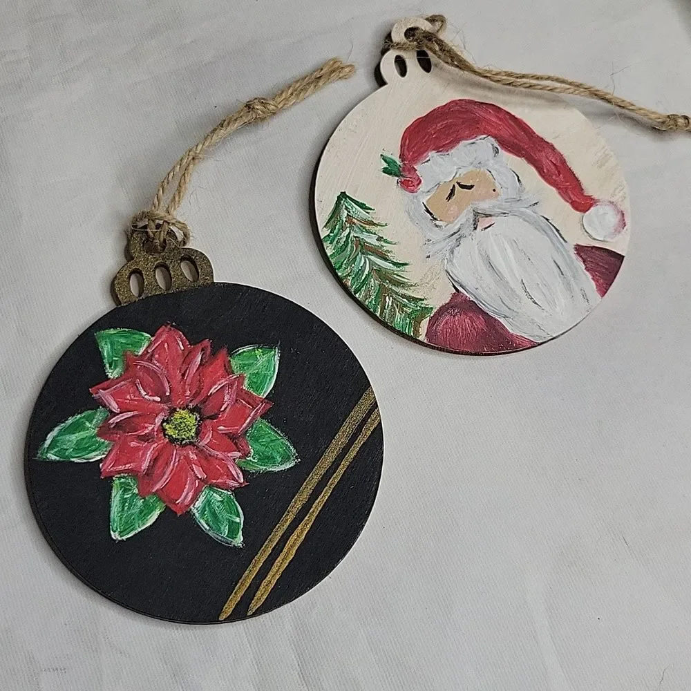Set of 2 Handpainted Santa & Poinsettia Ornaments